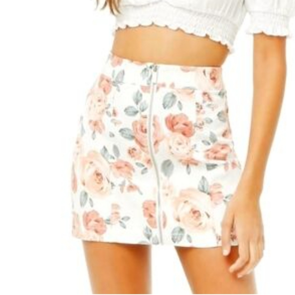 Forever 21 Pink Floral Print Full Zip-Front Mini Skirt‎ Summer Streetwear Fun